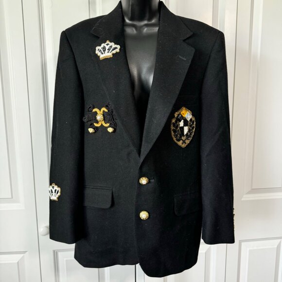Over qualified Jackets & Blazers - Over Qualified Blazer Womens 8 Embellished Crest Gold Braid Black Wool